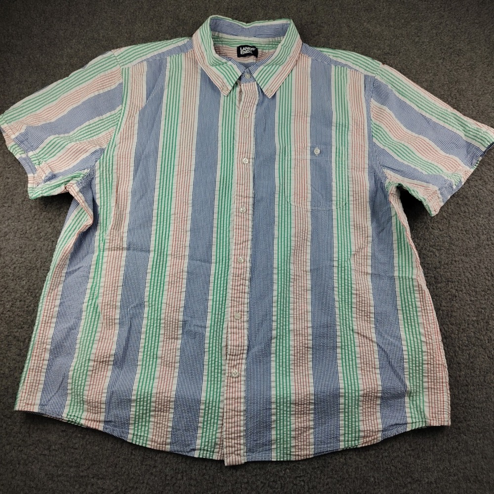 Lands End Button Up Shirt Mens 2XL Seersucker Multi Color Stripe 100% Cotton EUC